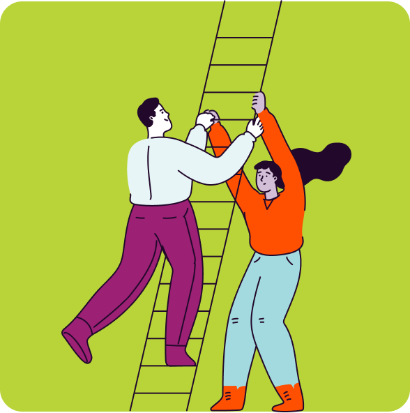 Illustration of one person holding a ladder and another person climbing it.