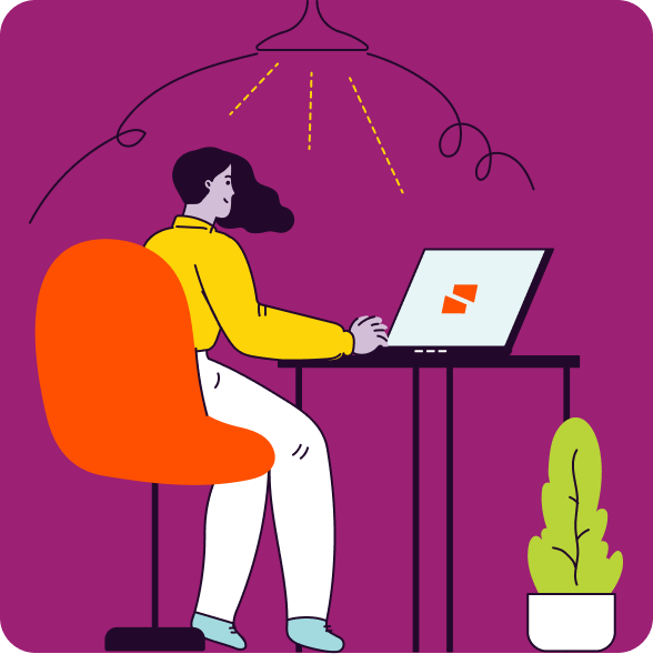 Illustration of woman seated at a desk working on a laptop.