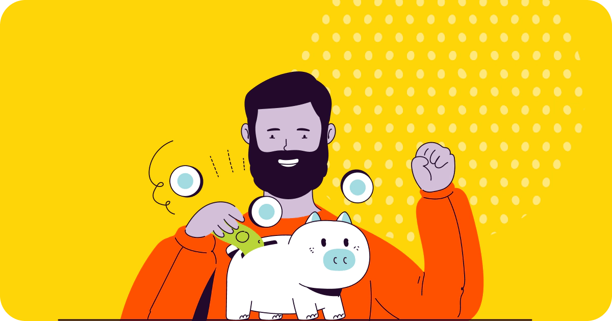 Illustration of bearded man putting coins in a piggy bank.