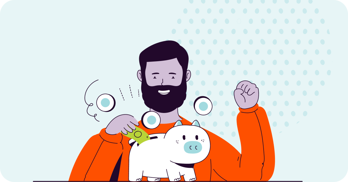 Bearded man putting coins in a piggy bank.