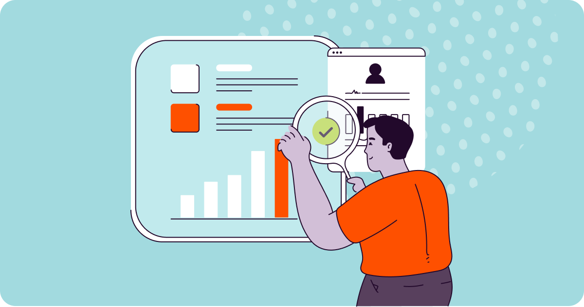 Illustration of man holding magnifier to a large graph.