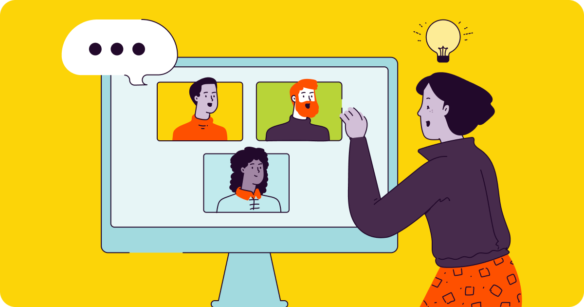 An illustration of people participating in online meeting. One of them has a light bulb above their head indicating an idea.