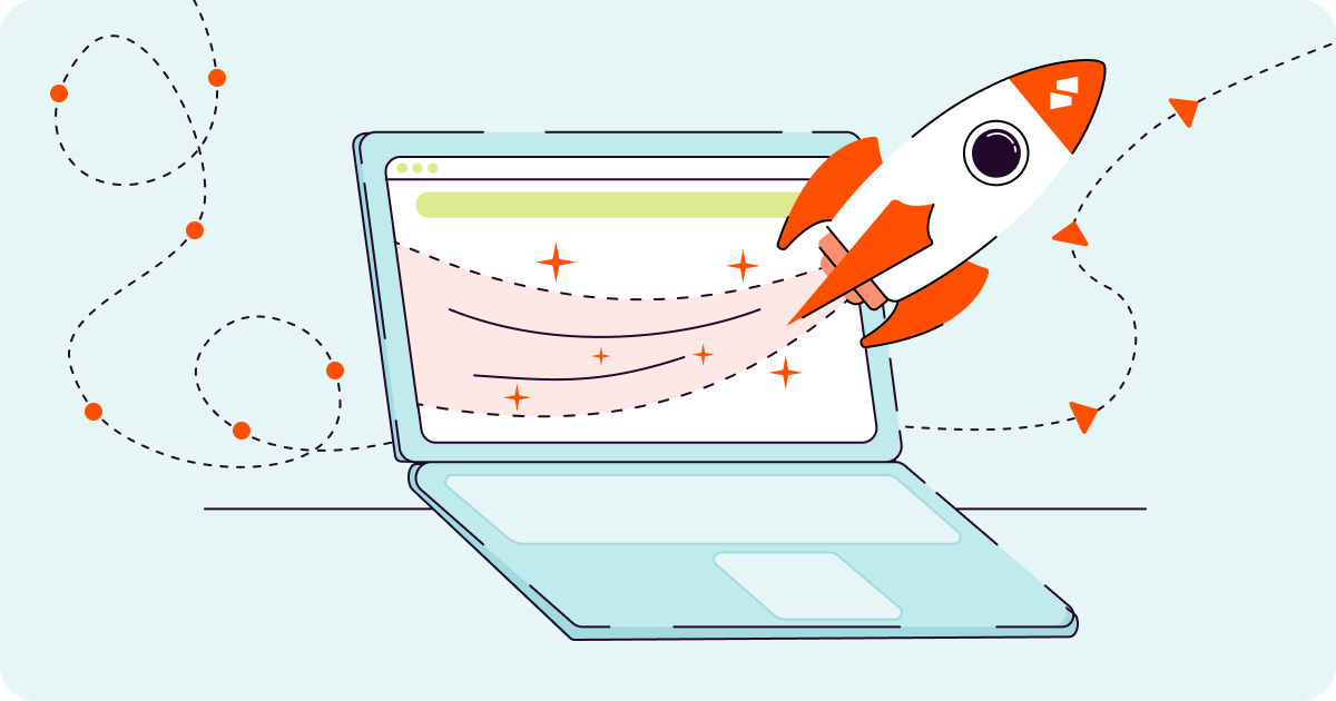 Illustration of a rocket emerging from a laptop screen.