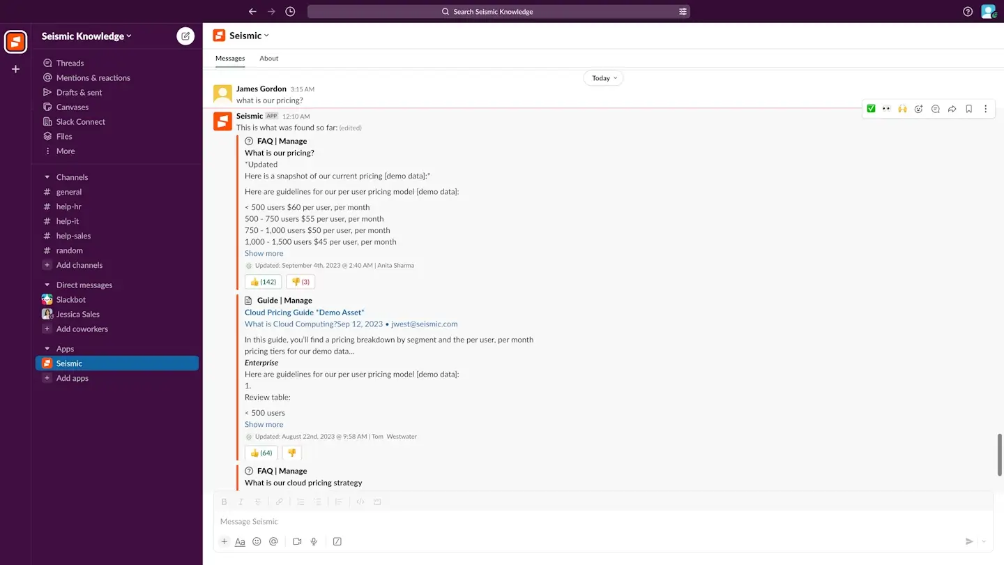 Screenshot of a Slack channel showing messages about the pricing of Seismic Knowledge Management.