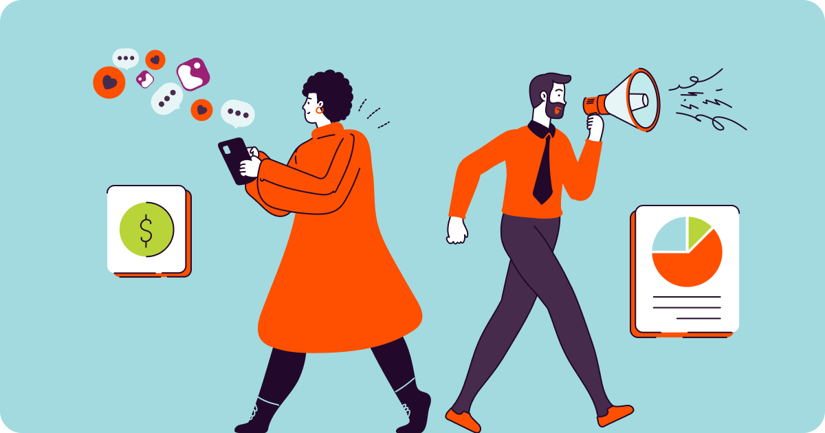 Illustration of two people walking together, one holding a phone and the other carrying a megaphone.